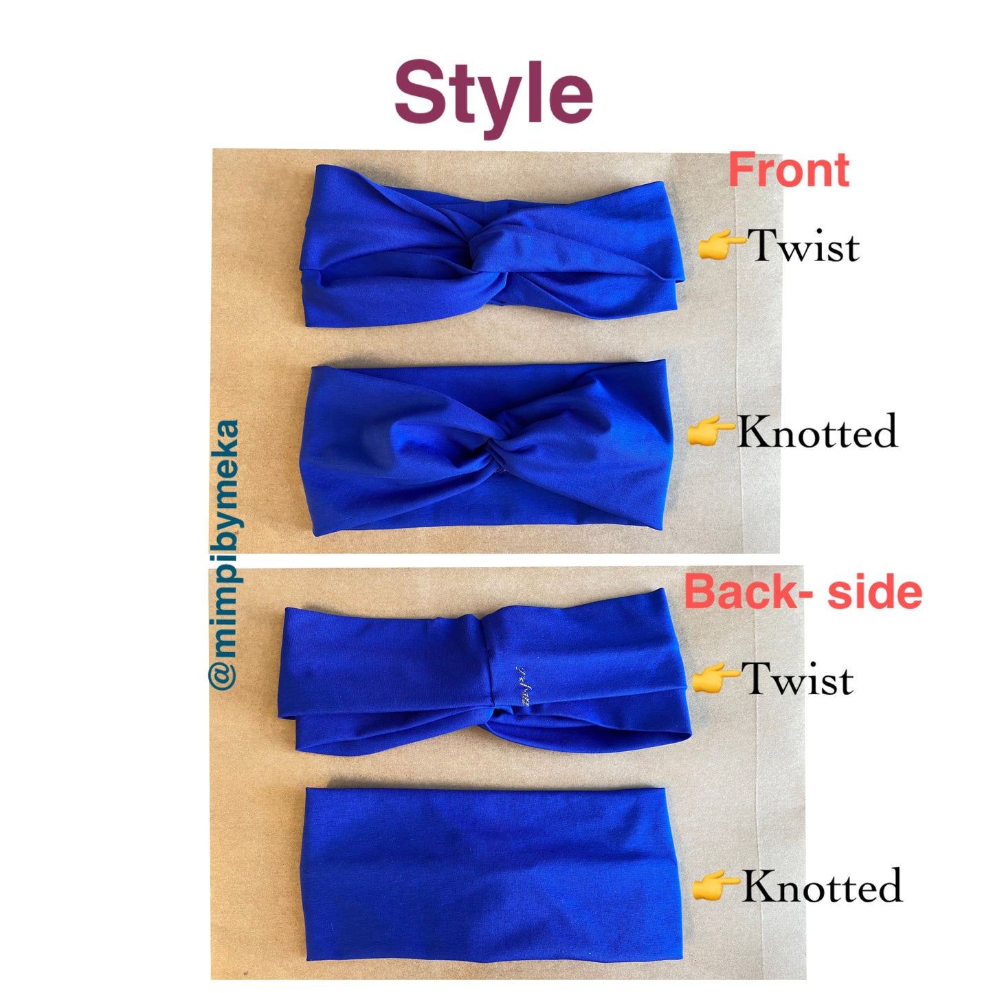 Blue headband with labeled front, back, twist, and knotted sections on a beige background.