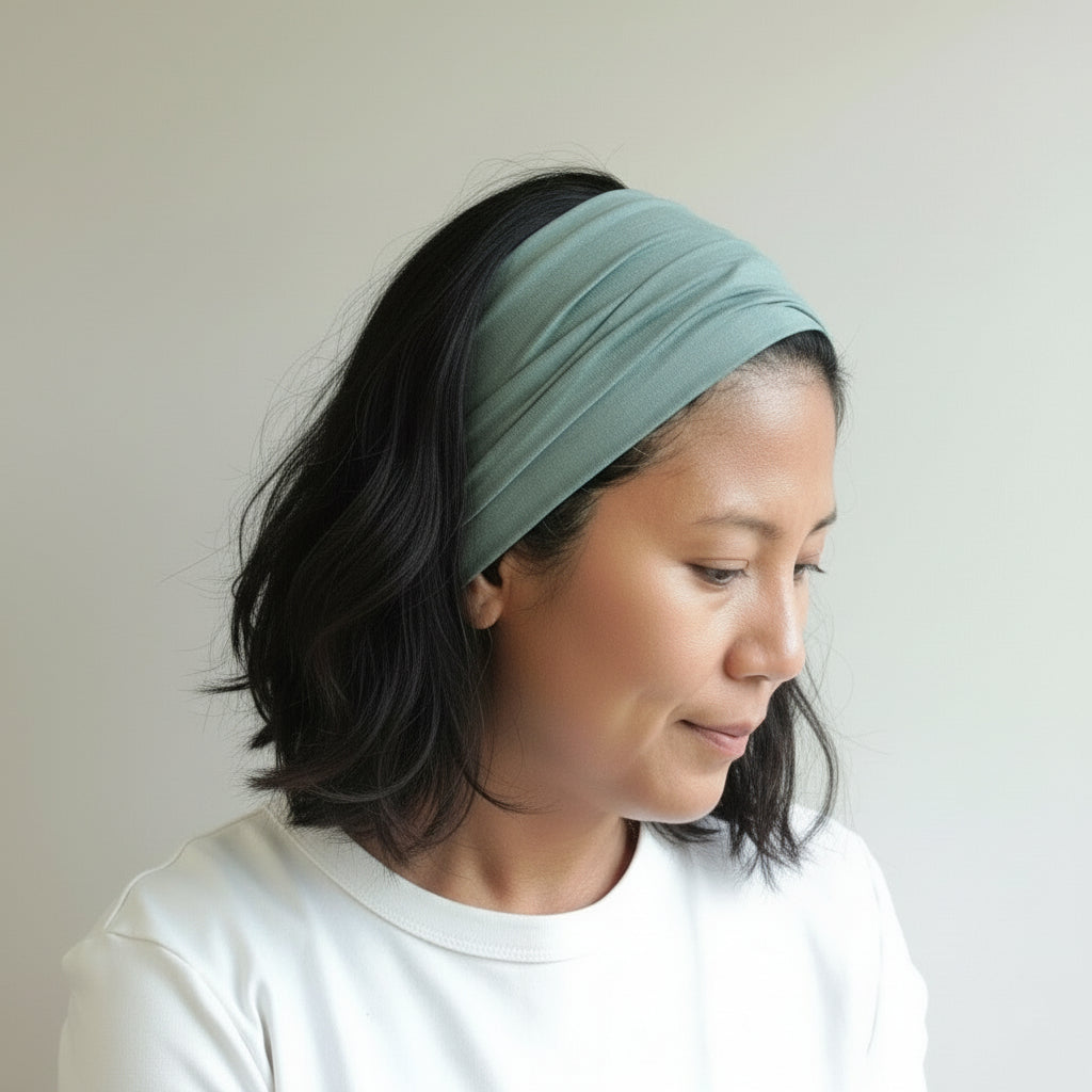 Woman wearing a light green headband against a plain background