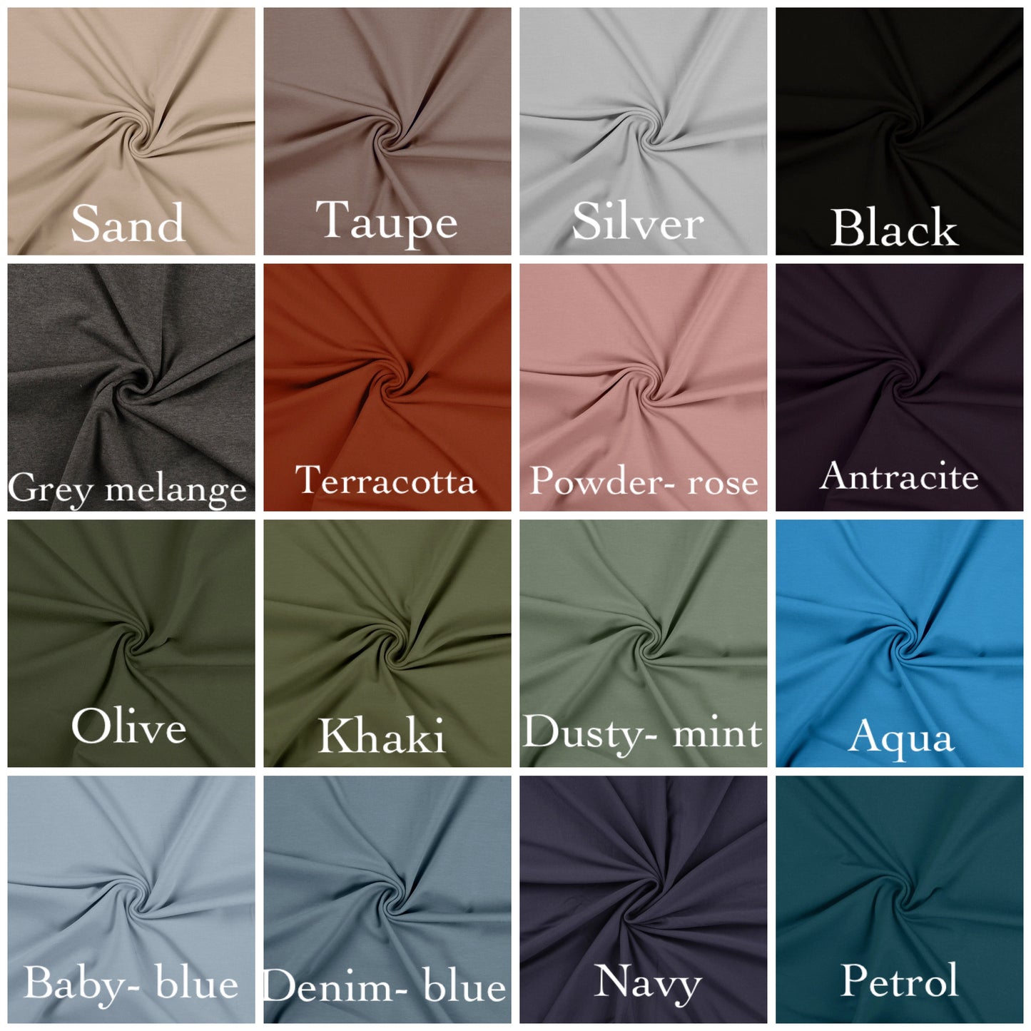 Grid of fabric swatches in various colors with labels underneath.