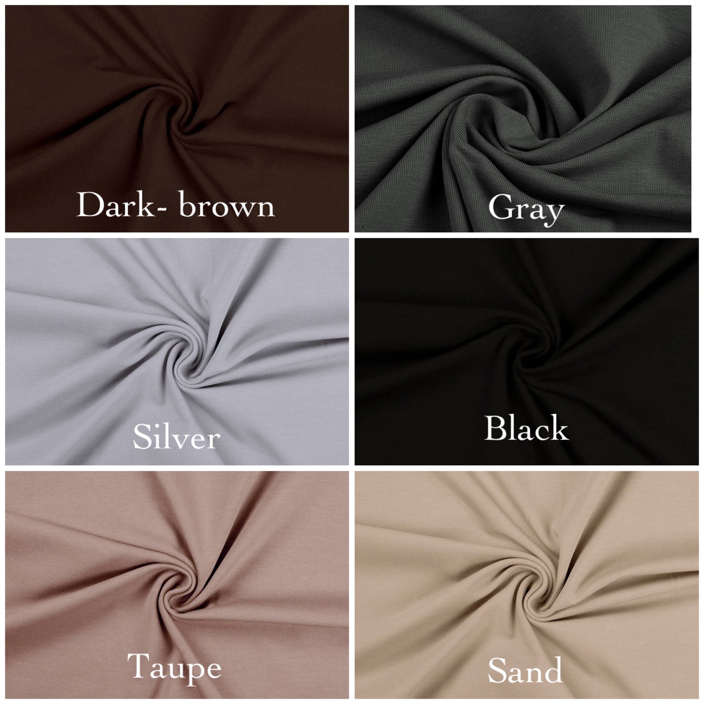 Collage of fabric swatches in dark brown, gray, silver, black, taupe, and sand.
