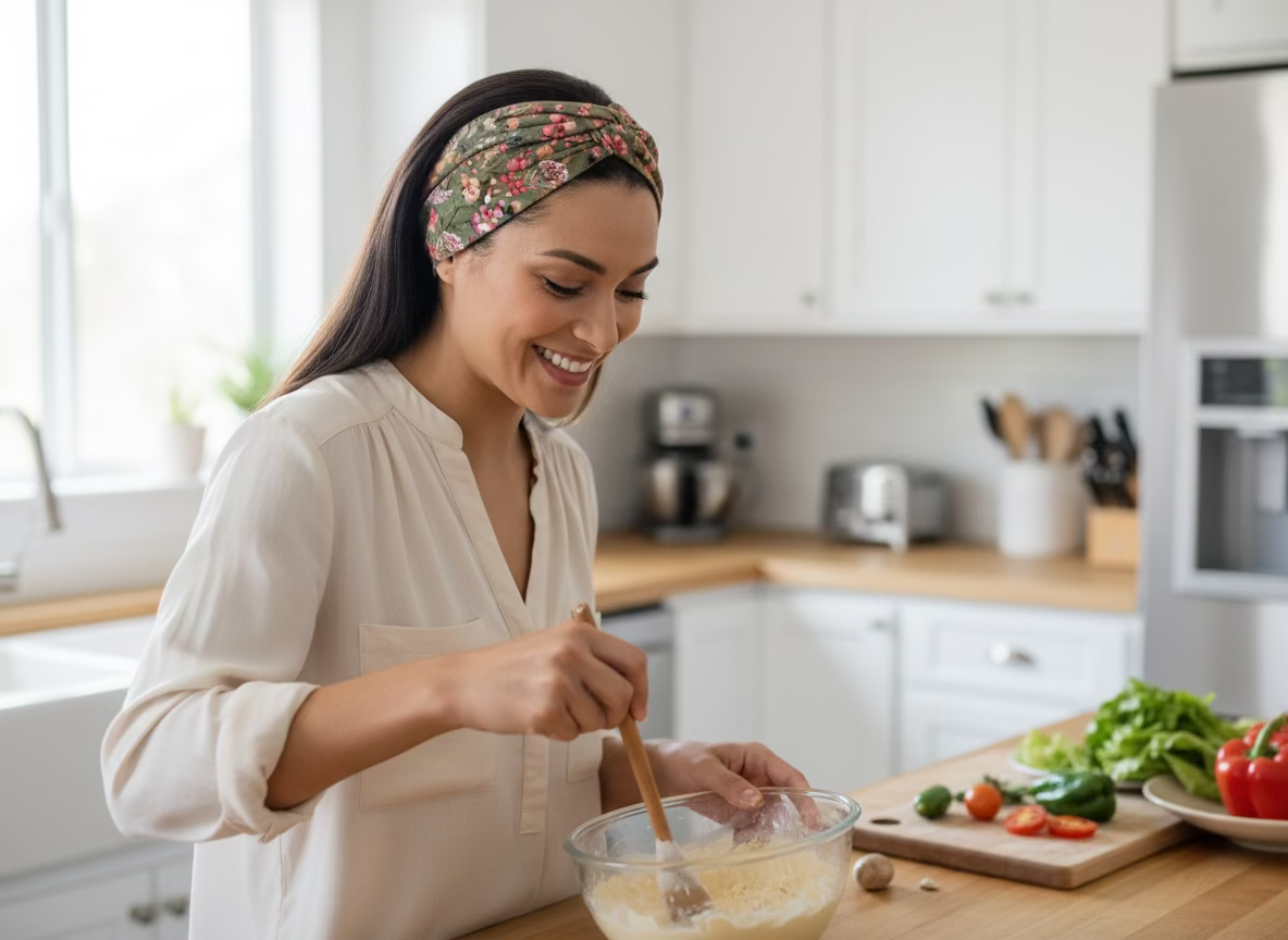 Woman in a kitchen mixing ingredients with a wooden spoon