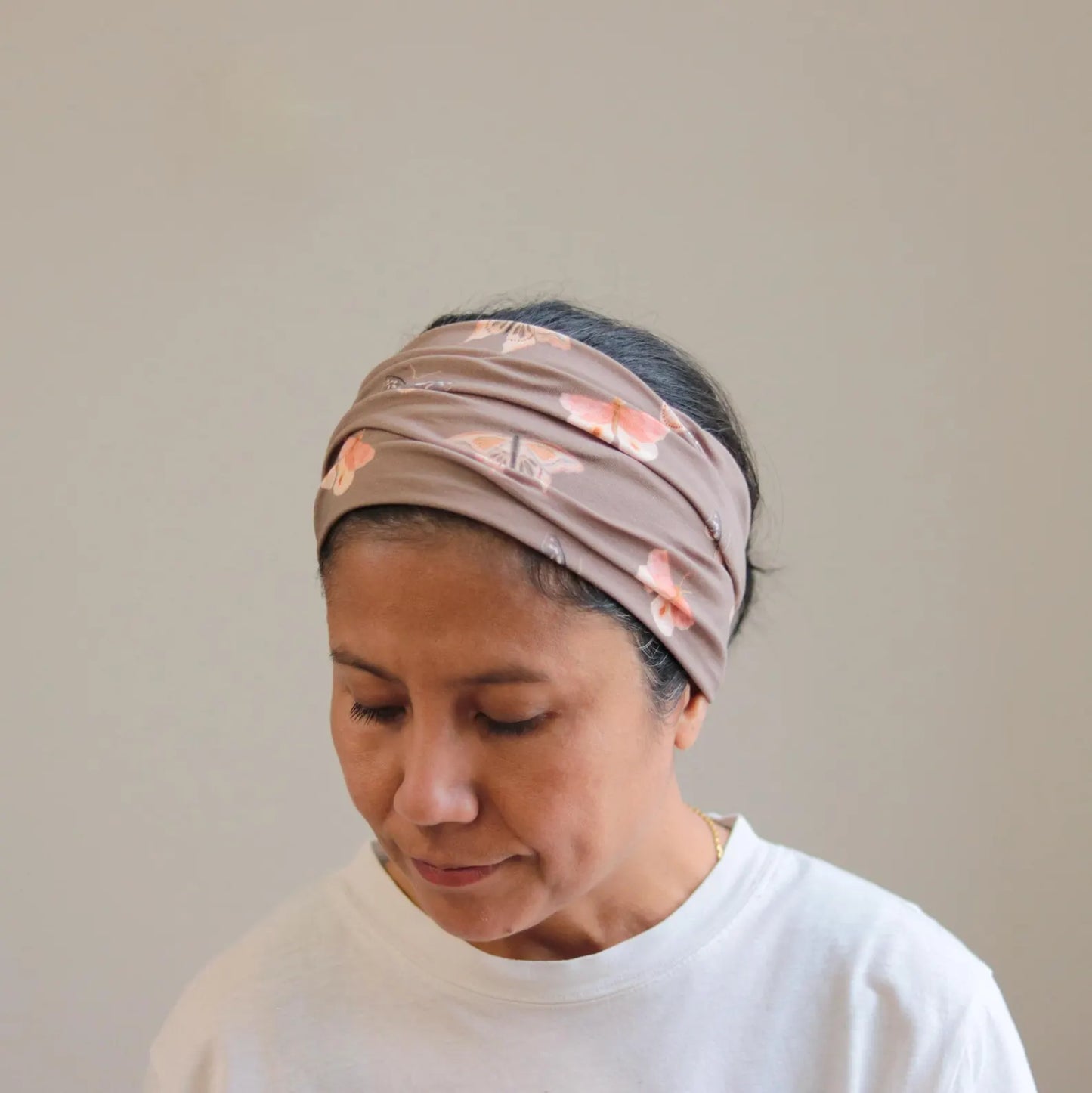 Organic Wide Headband - Taupe Butterfly Print