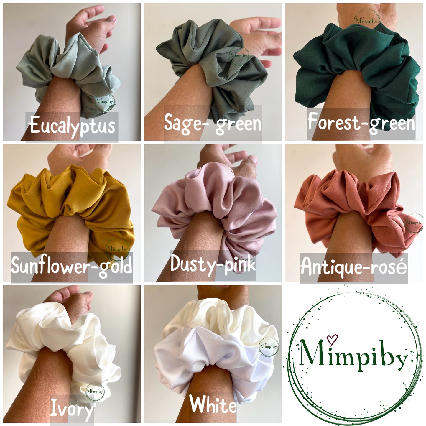 Collage of various scrunchies in different colors held by hands, with Mimpiby branding.