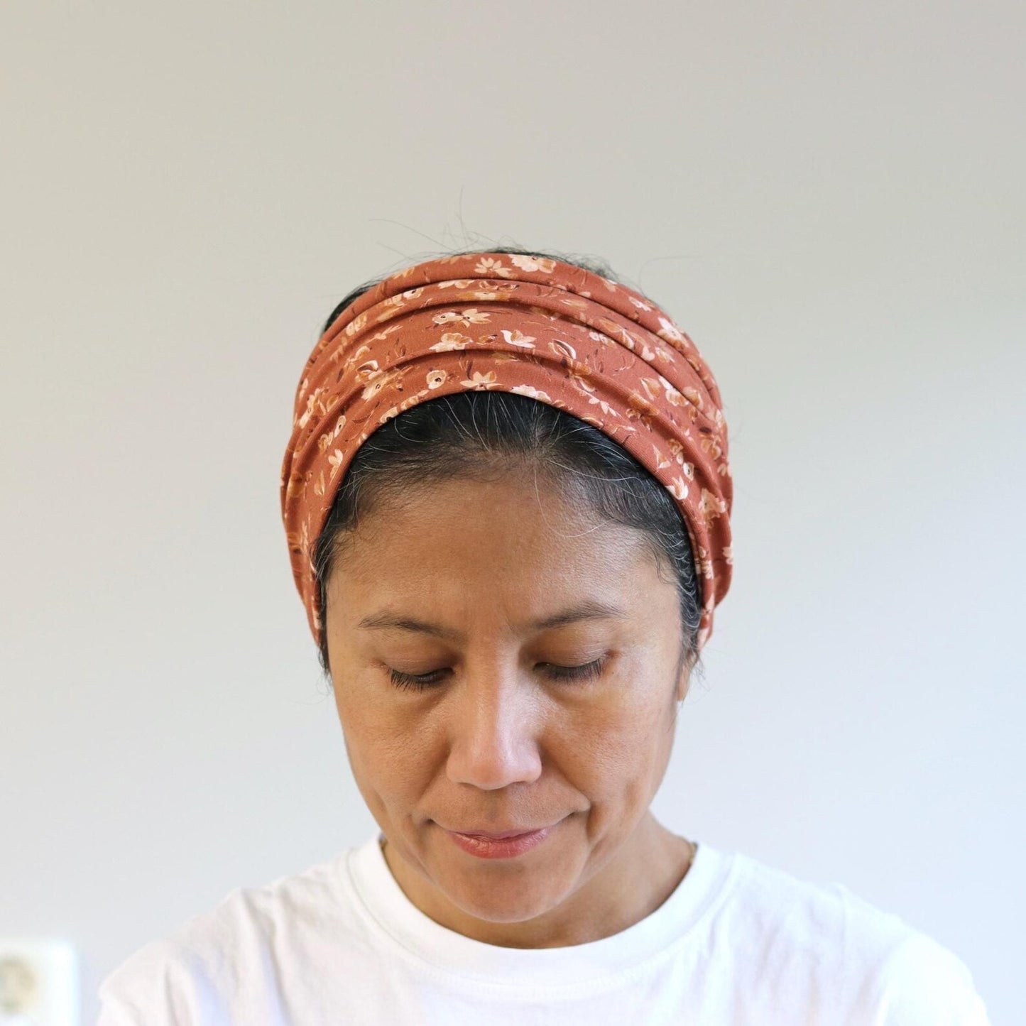 Wide Jersey Cotton Headband - Floral Earthy Terracotta