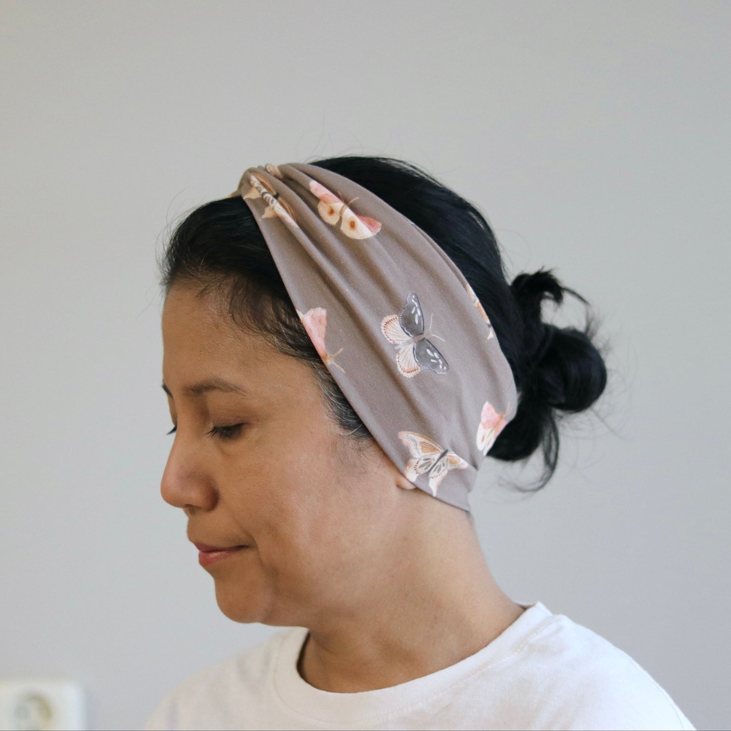 Organic Knot Front Headband - Butterfly Taupe Print