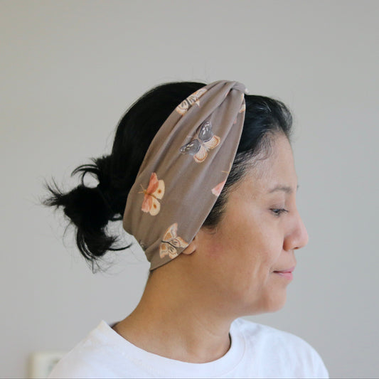 Organic Knot Front Headband - Butterfly Taupe Print