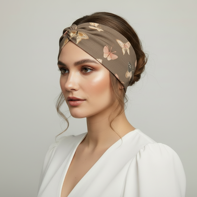 Woman wearing a floral headband against a plain background