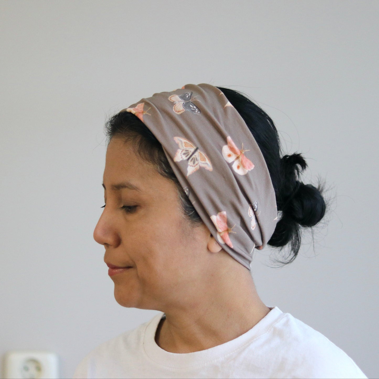 Organic Wide Headband - Taupe Butterfly Print