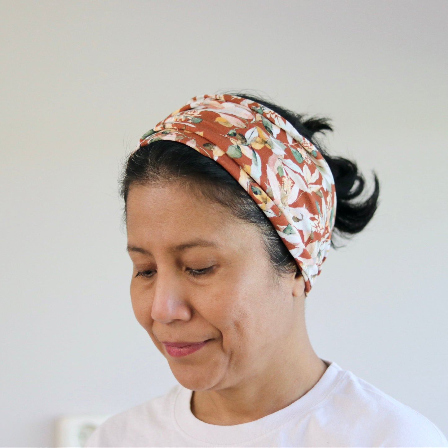 Wide Jersey Cotton Headband - Earthy Leafs Print