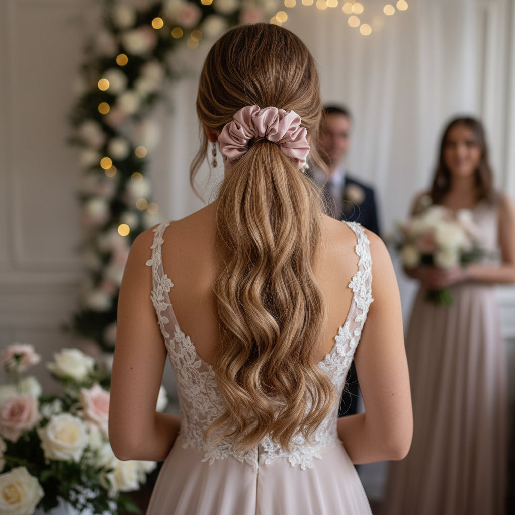 Pink scrunchie on a wrist with a plain background