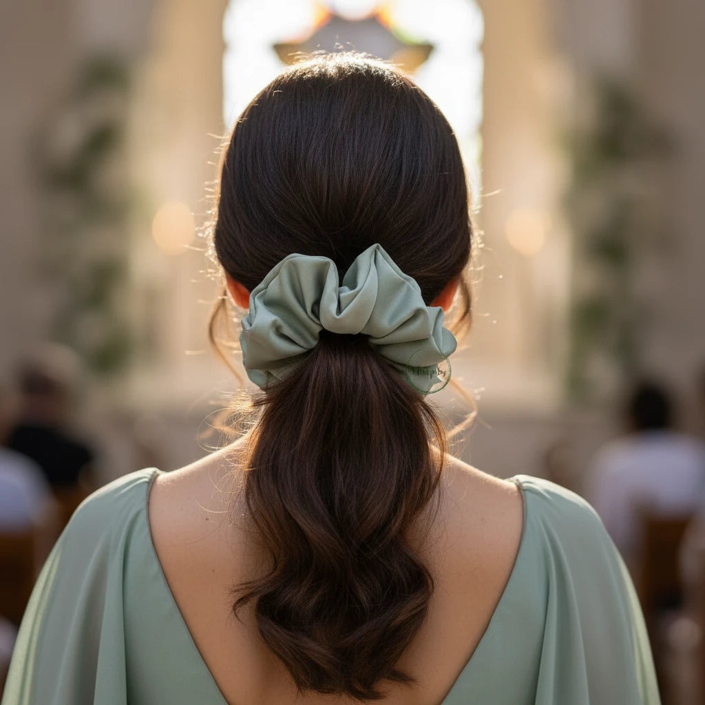 Woman with a green scrunchie in her ponytail against a neutral background