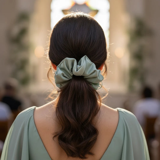 Woman with a green scrunchie in her ponytail against a neutral background