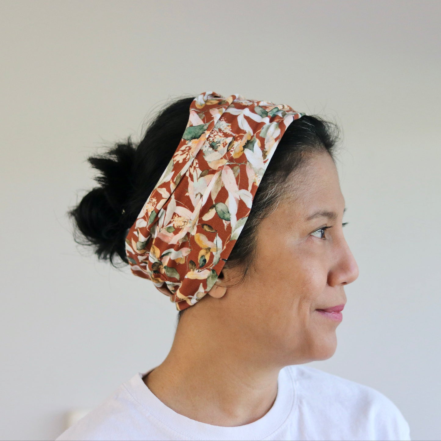 Wide Jersey Cotton Headband - Earthy Leafs Print