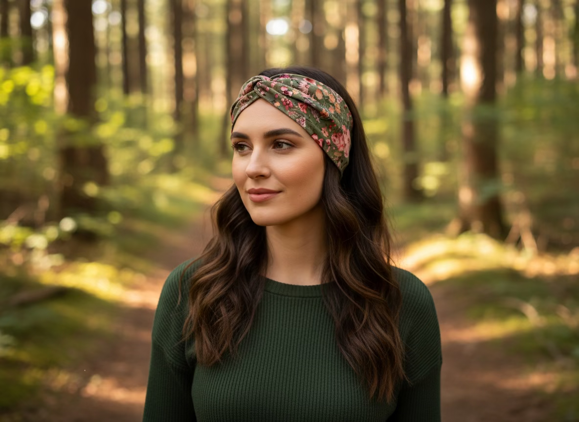 Woman wearing a patterned headband in a forest setting