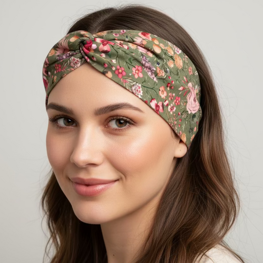 Woman wearing a patterned headband in a forest setting