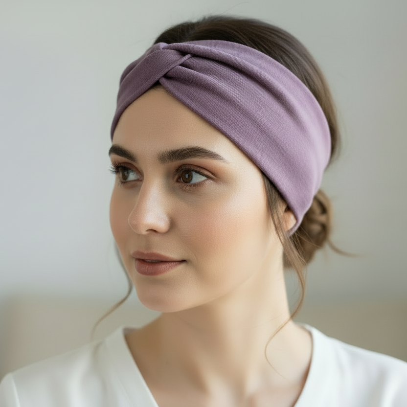 Woman wearing a purple headband against a plain background