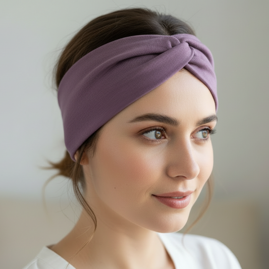 Woman wearing a purple headband against a neutral background