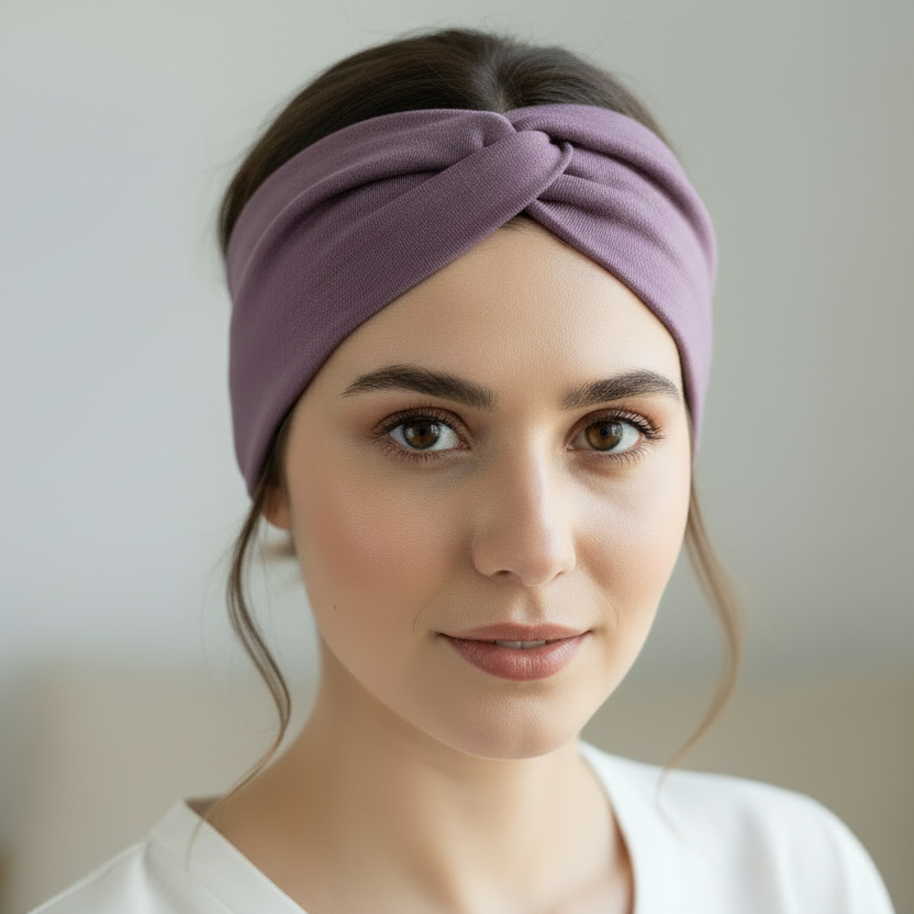 Woman wearing a purple headband against a plain background