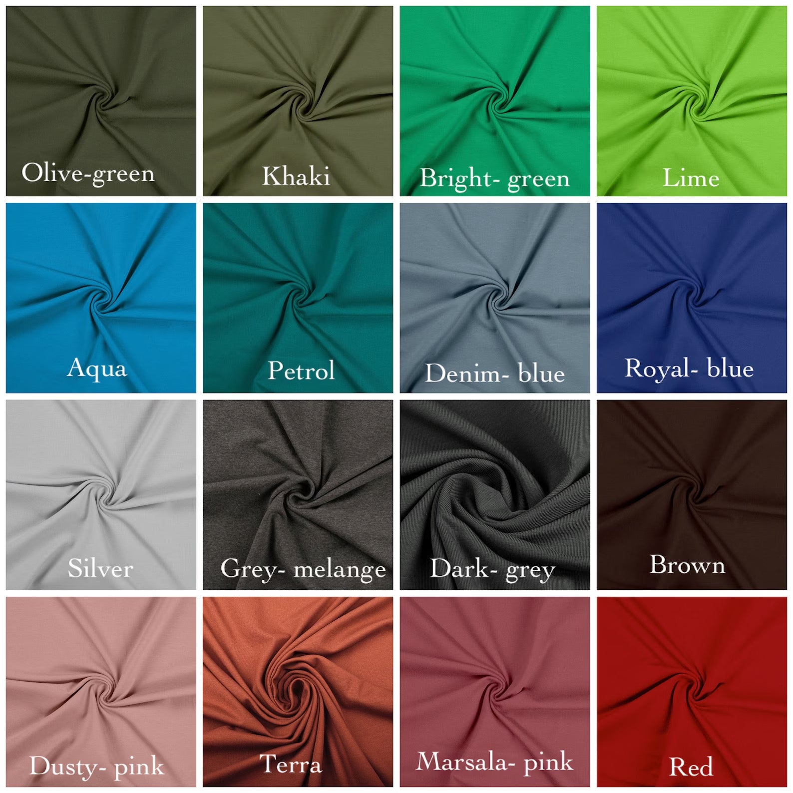 Grid of fabric swatches in various colors with labels underneath.