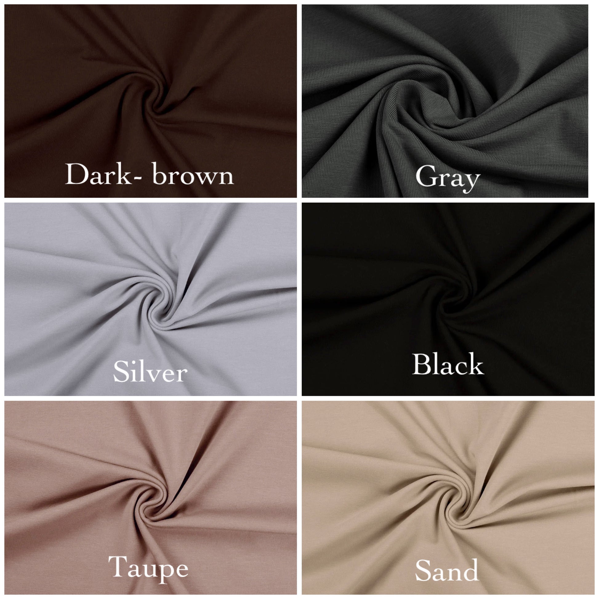 Collage of fabric swatches in dark brown, gray, silver, black, taupe, and sand.