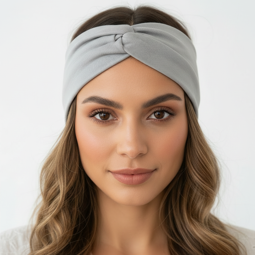 Woman wearing a gray headband against a white background