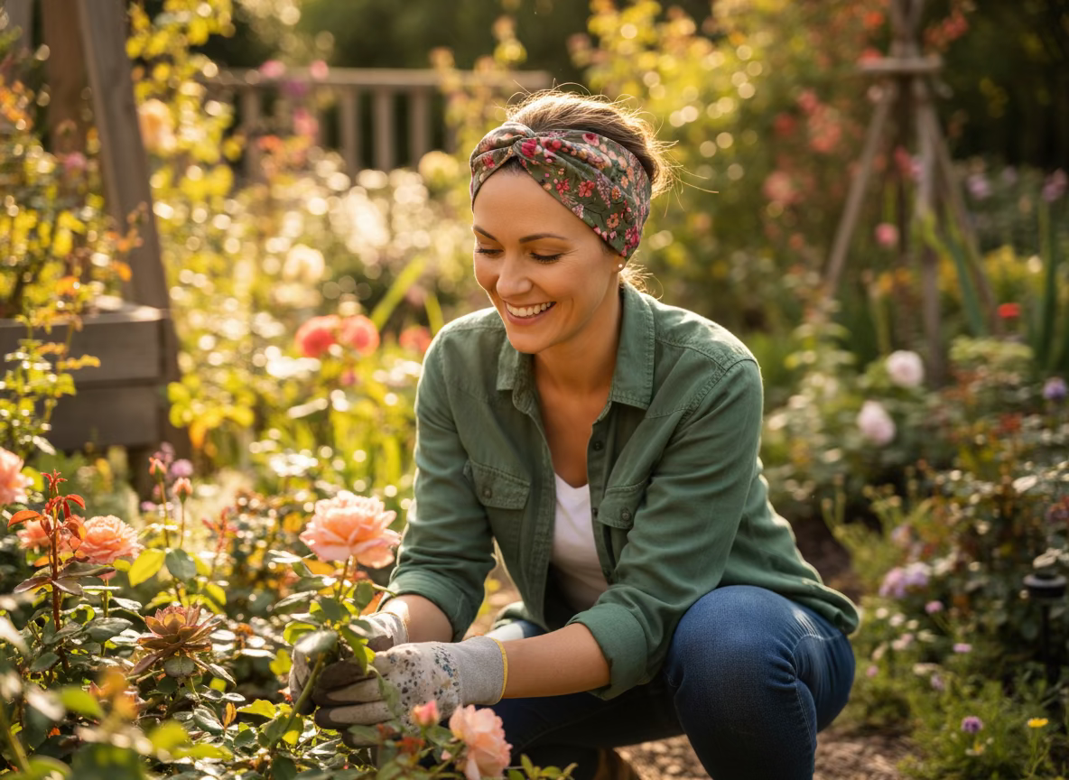 Woman gardening in a colorful flower garden