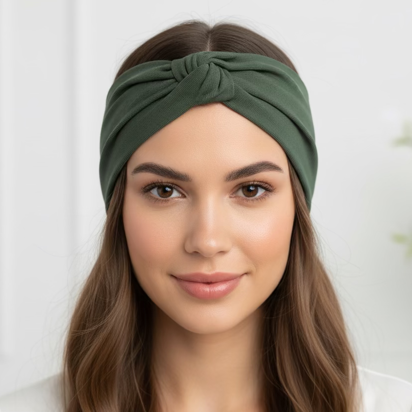 Woman wearing a green headband against a white background