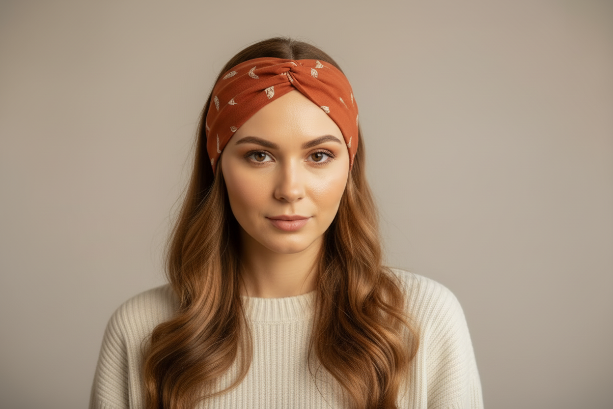 Woman wearing a rust-colored headband with a pattern against a beige background