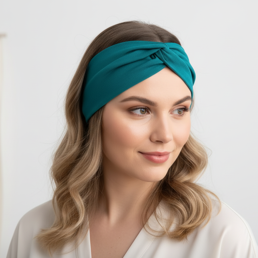 Woman wearing a teal headband against a plain background