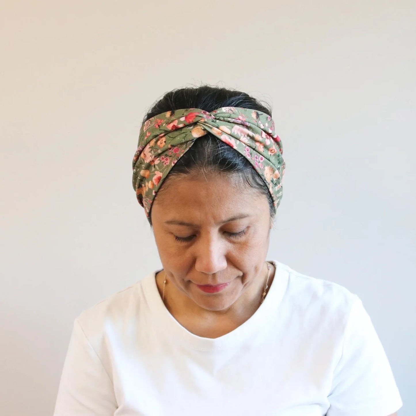 Knot Front Headband - Floral Earthy Green