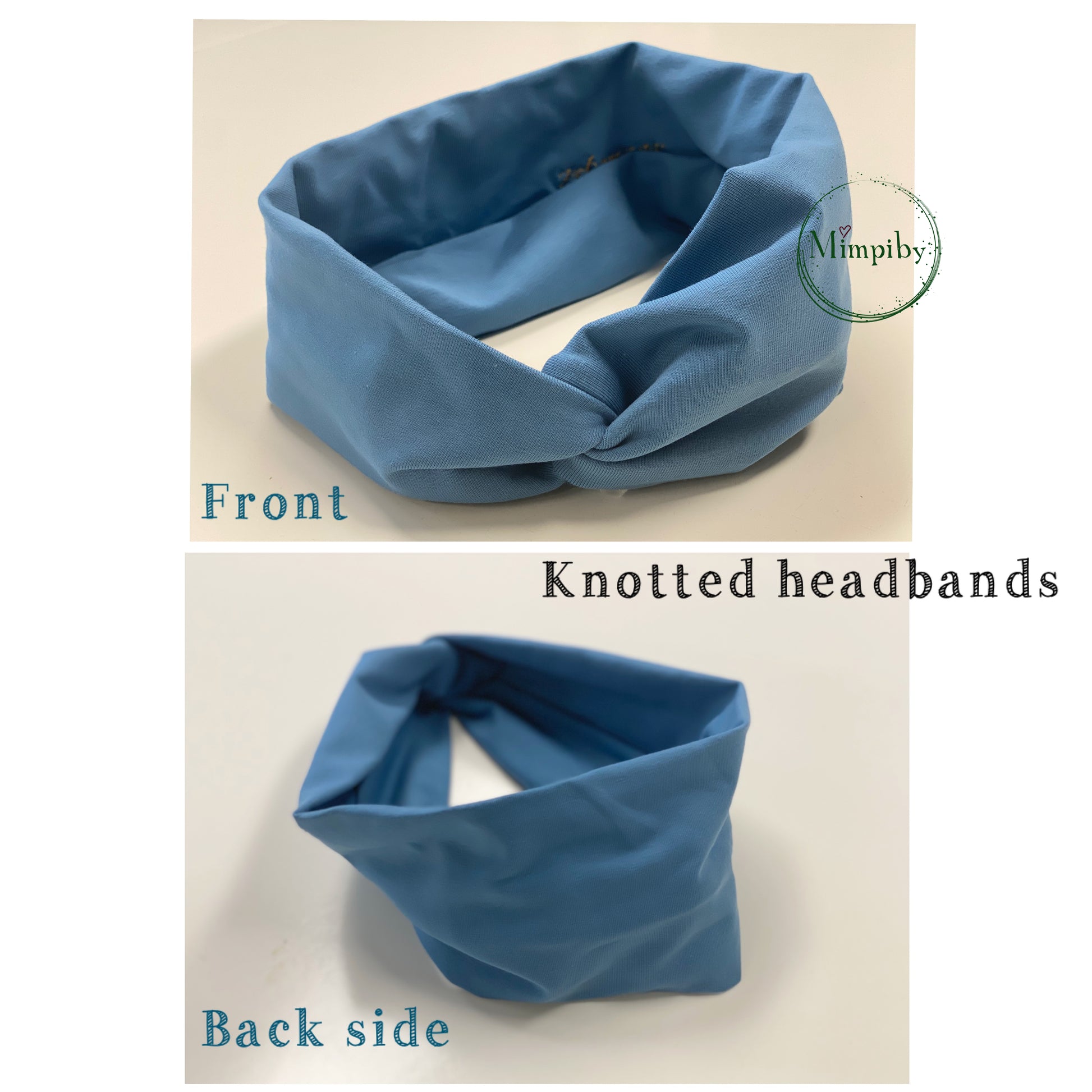 Blue knotted headband shown from front and back on a beige background