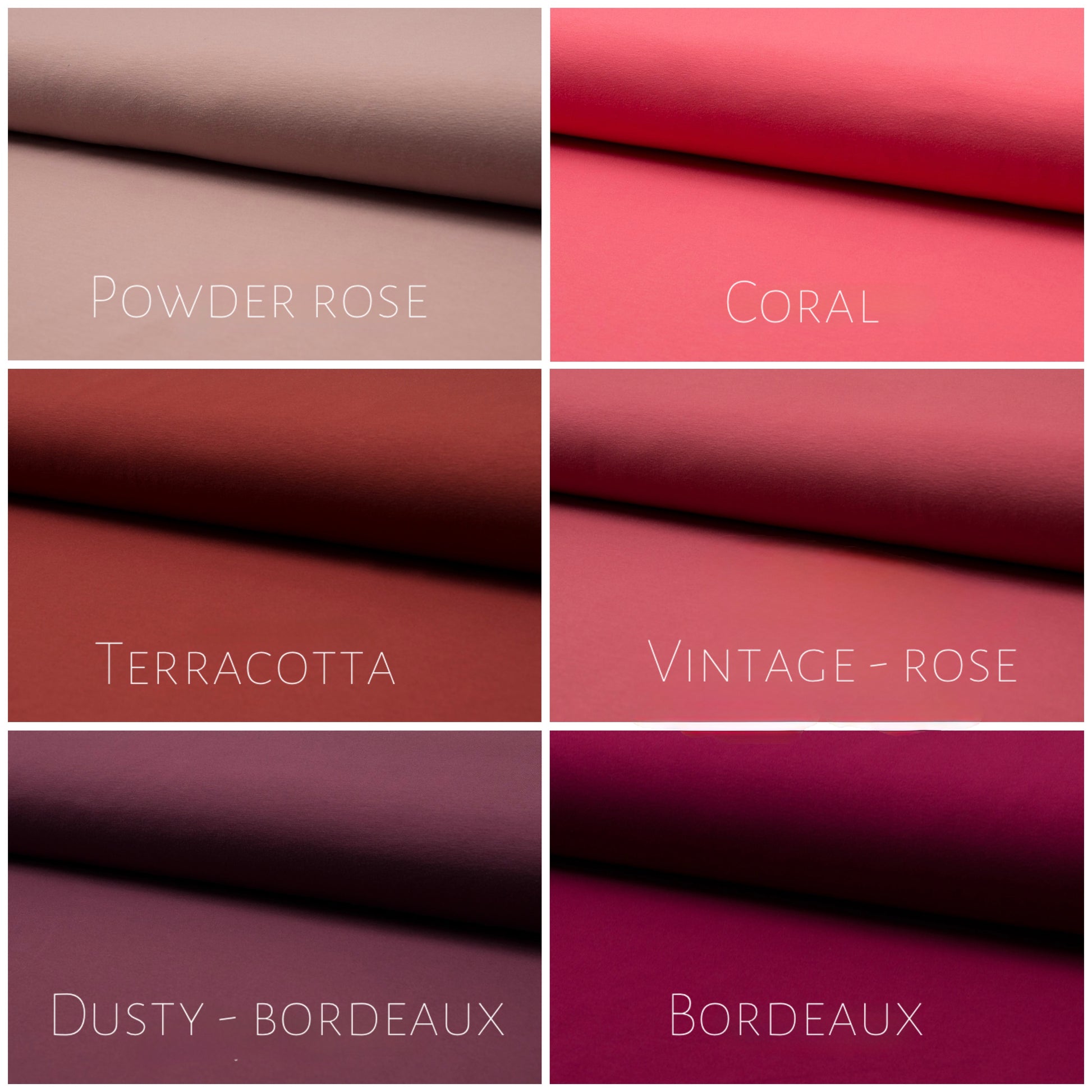 Color swatches of different shades of red and pink with labels underneath.