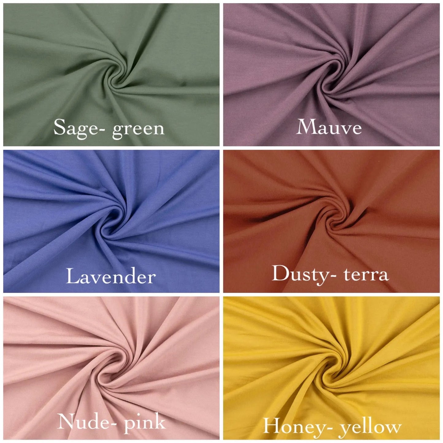 Six fabric swatches in different colors with labels below each swatch.