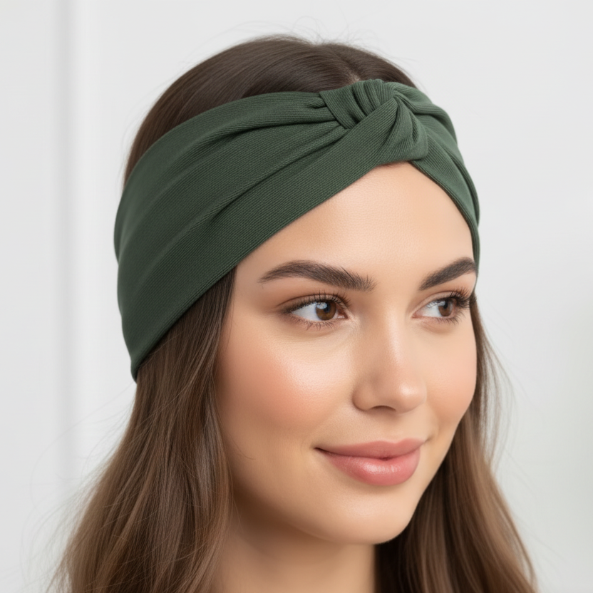 Woman wearing a green headband against a white background