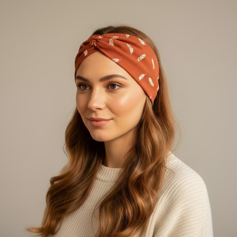 Woman wearing a patterned headband against a plain background