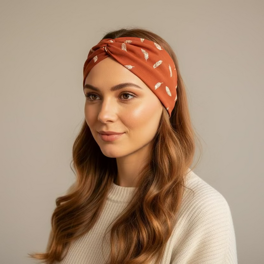 Woman wearing a patterned headband against a plain background
