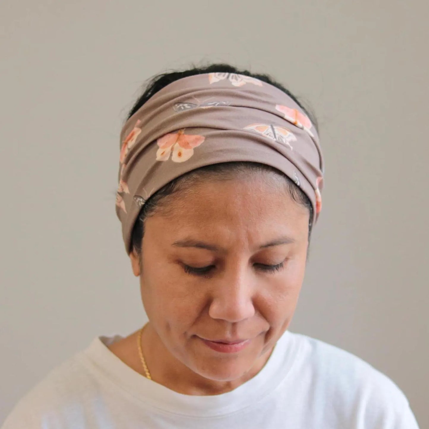 Organic Wide Headband - Taupe Butterfly Print