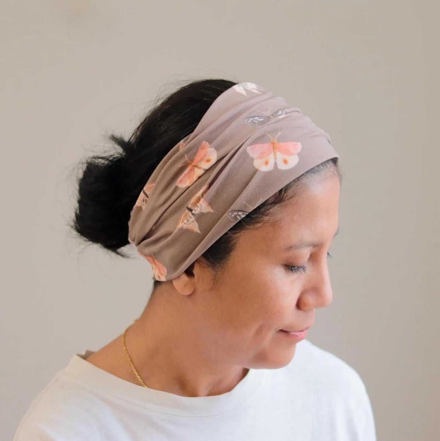 Organic Wide Headband - Taupe Butterfly Print