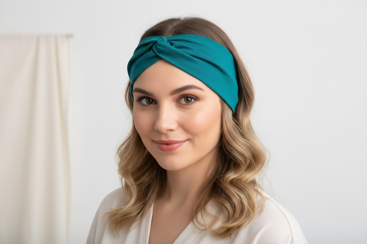 Woman wearing a teal headband against a plain background