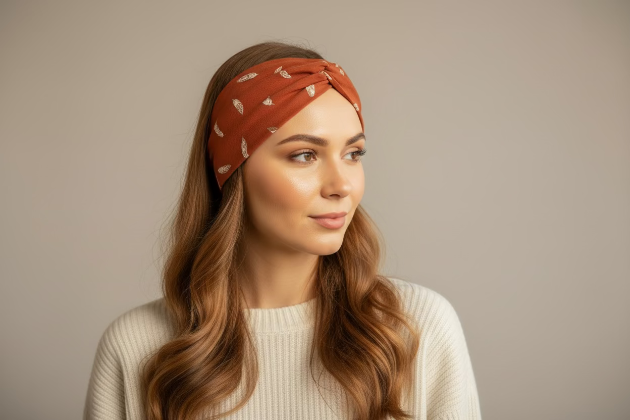 Woman wearing a rust-colored headband with a subtle pattern against a beige background