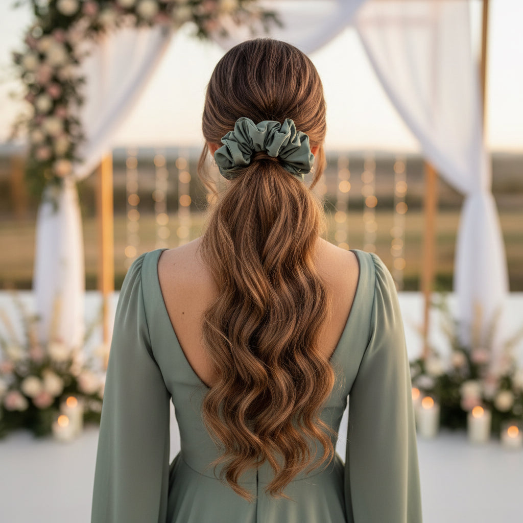 Person with long wavy hair wearing a green scrunchie on a gray background