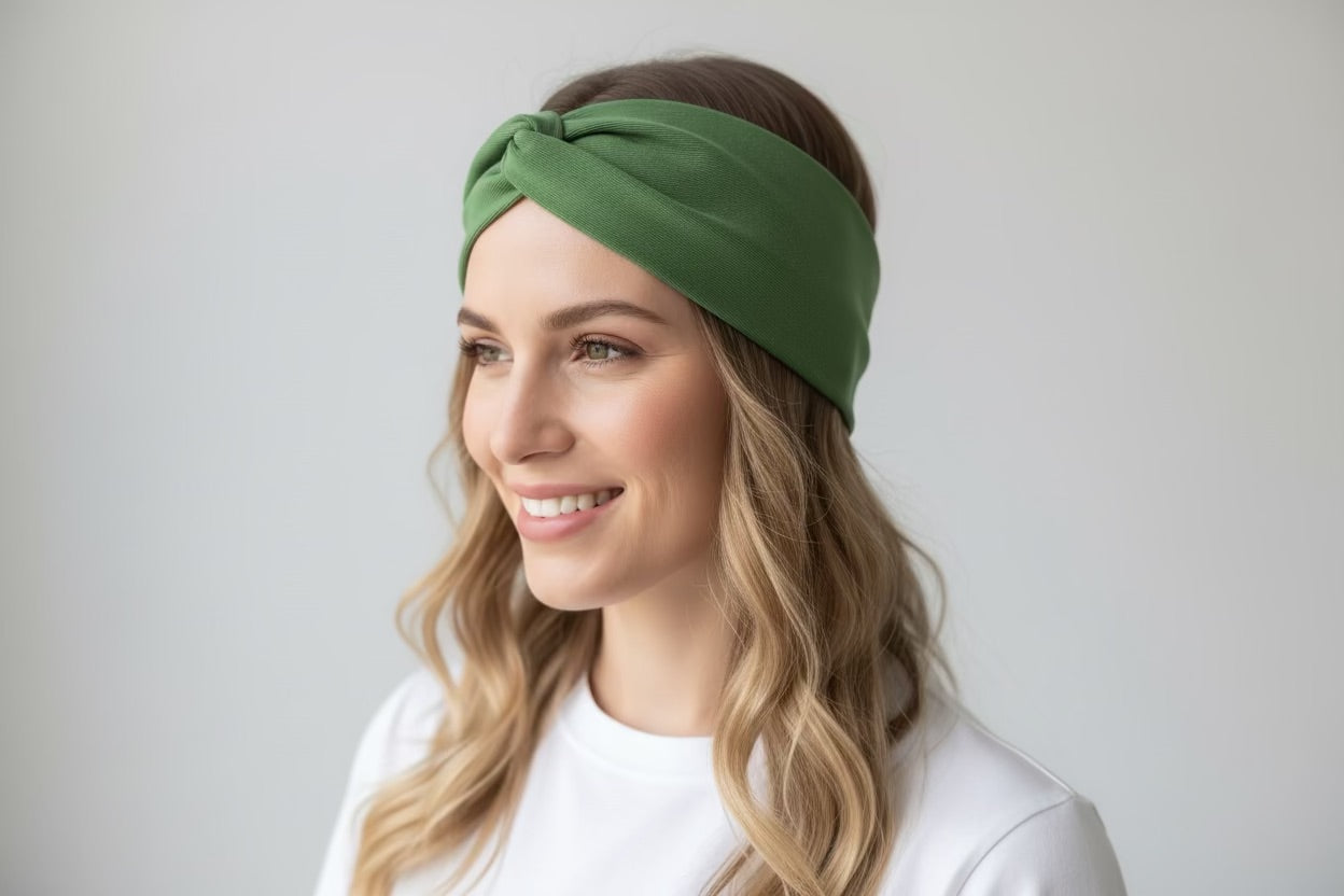 Woman wearing a green headband against a plain background