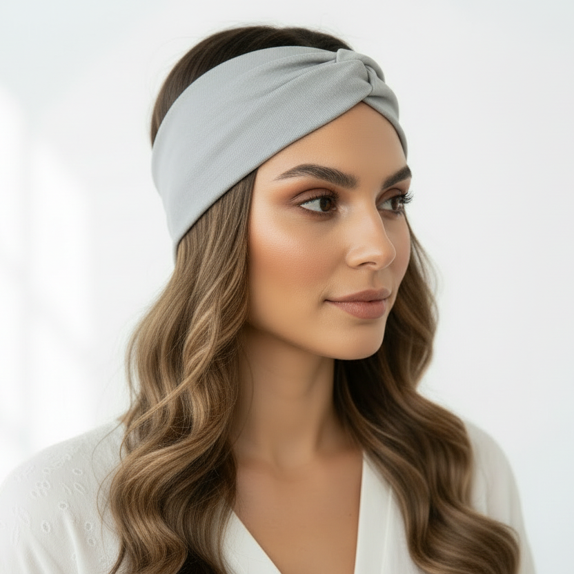 Woman wearing a gray headband against a white background
