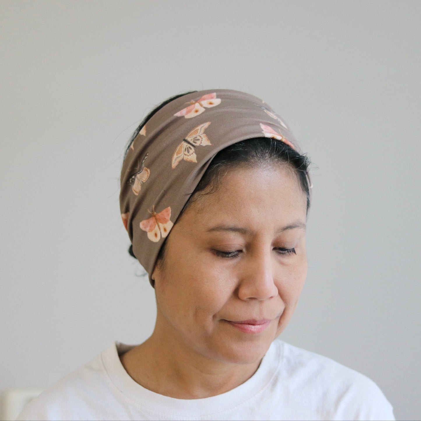 Organic Wide Headband - Taupe Butterfly Print