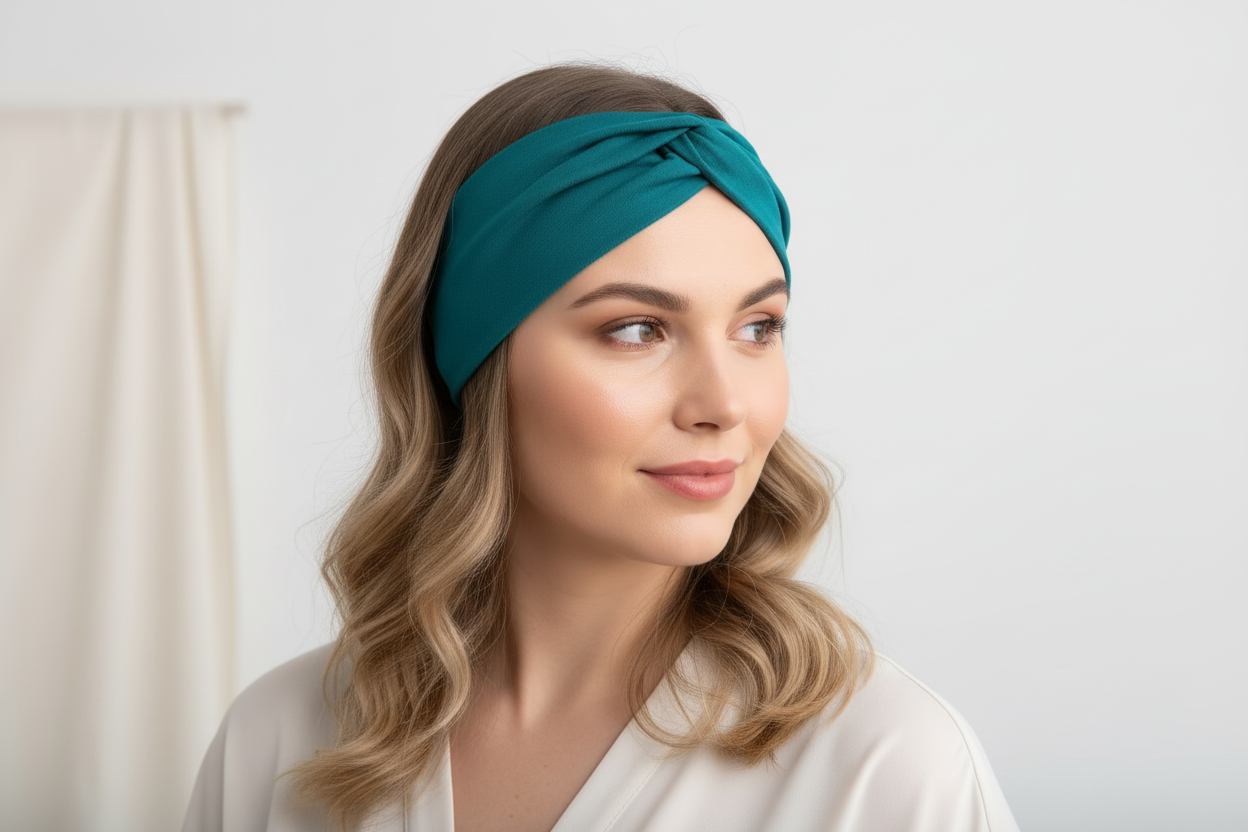 Woman wearing a teal headband against a plain background