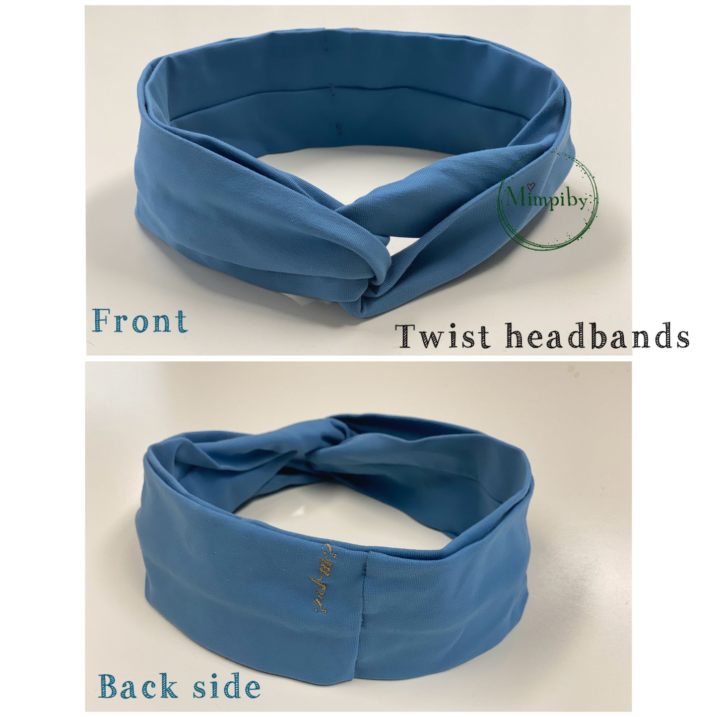 Blue twist headband shown from front and back on a beige background