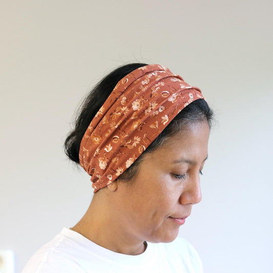Wide Jersey Cotton Headband - Floral Earthy Terracotta