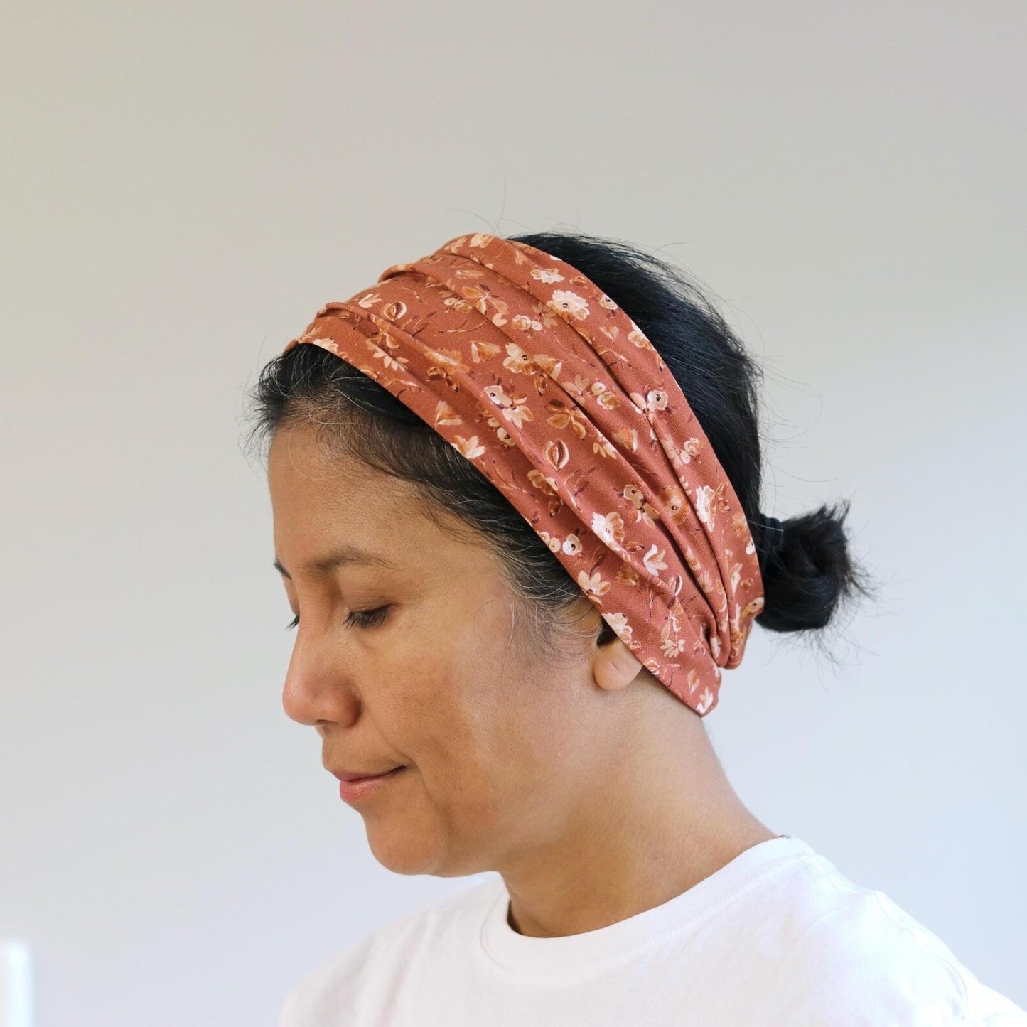 Wide Jersey Cotton Headband - Floral Earthy Terracotta